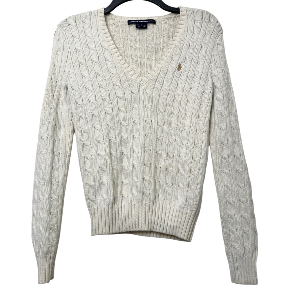 Ralph Lauren Sport Vintage White Cable Knit V Neck Sweater - Picture 2 of 5